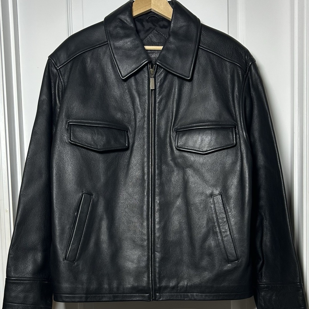 Roundtree & Yorke Vintage 90s Genuine Pebbled Leather Black Car Coat Jacket